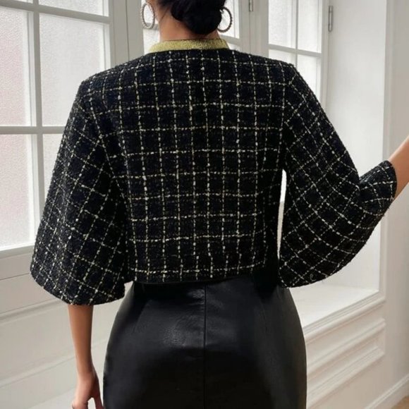 black Double Breasted Trim detailed Trumpet Sleeve Tweed Overcoat Jacket - Picture 5 of 6